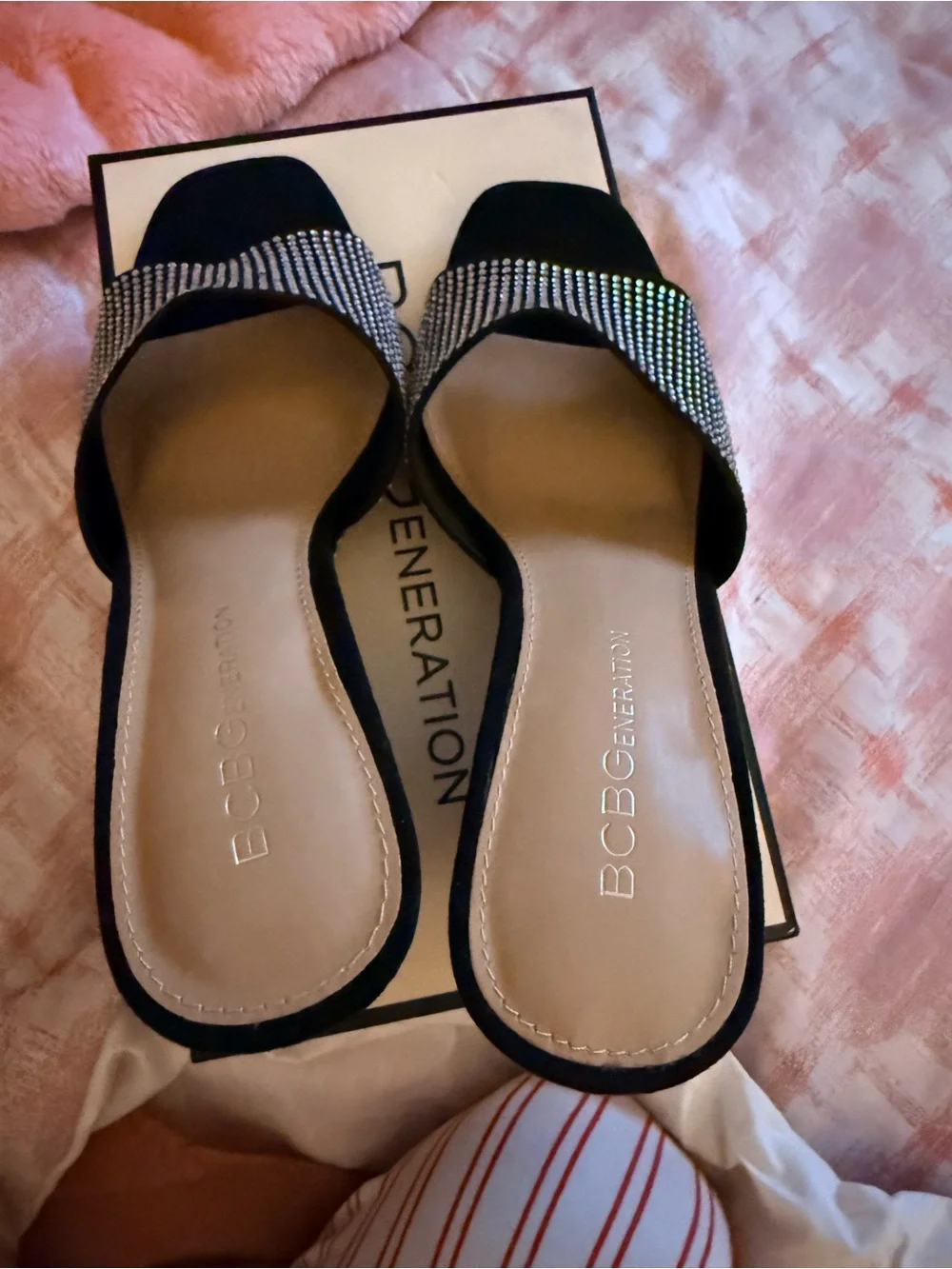 BCBGeneration Black Crystal-Studded Wedge Sandals